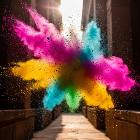 Explosion of colored powder on the background of a wooden bridge.の素材