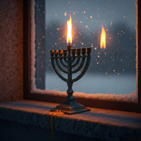 Jewish holiday Hanukkah. Menorah with burning candle on the window.の素材