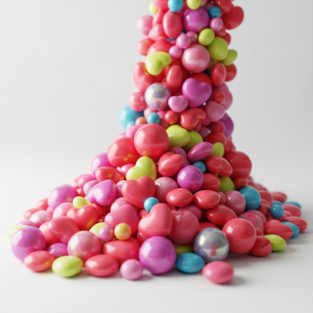 Colorful candies in the form of a pyramid on a white backgroundの素材