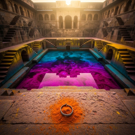 Wedding rings on the background of colorful water in a temple.の素材