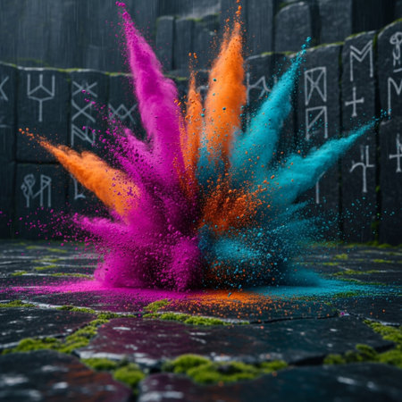 Explosion of colored powder on a dark background, 3d renderingの素材