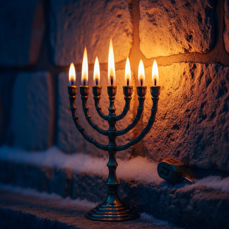 Hanukkah menorah with burning candles on the background of a brick wallの素材