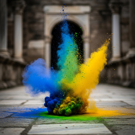 Colorful holi powder explosion in front of the cathedral, Prague, Czech Republicの素材