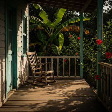 Wooden chairs on the porch of a bungalow in the gardenの素材