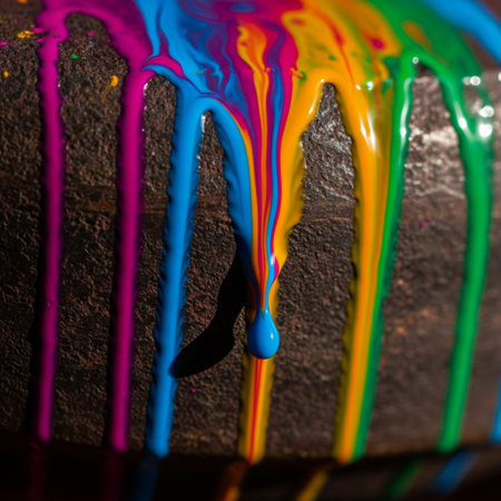 Rainbow paint drips on a piece of cake, close-upの素材