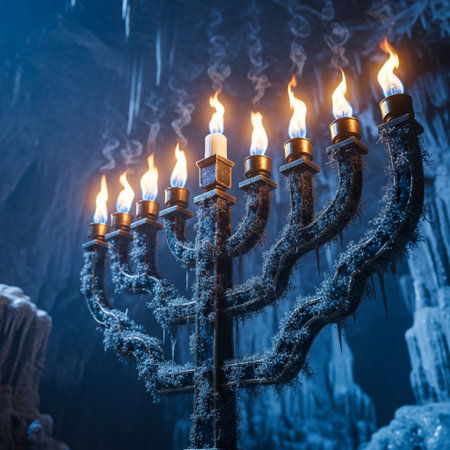 Jewish holiday Hanukkah. Menorah with burning candles in the cave.の素材