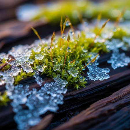 Green moss with dew drops on a wooden background. Selective focus.の素材