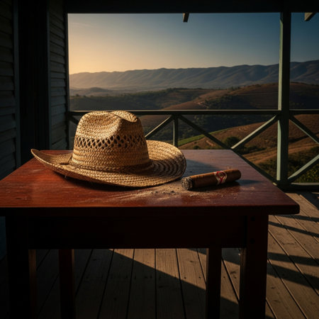 Hat and cigar on the table in the morning light. Selective focusの素材