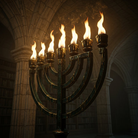 Hanukkah menorah with burning candles. 3D illustration.の素材