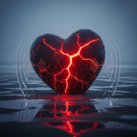 Red heart with lightning and reflection on the water. 3d renderingの素材