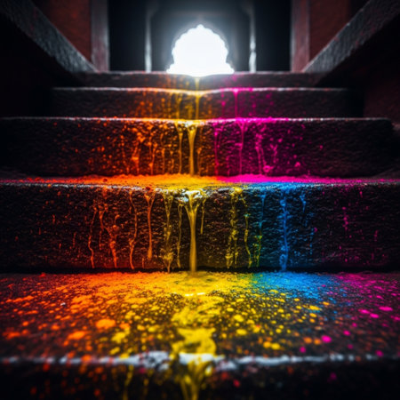 Rainbow colors flowing down the stairs. Abstract background. Selective focus.の素材