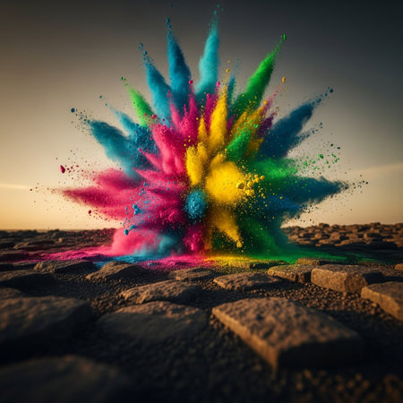 Explosion of colored powder on the ground at sunset. 3d renderingの素材