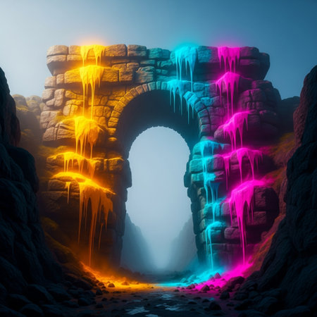 Digital illustration of an arch in a cave with neon lights and iciclesの素材
