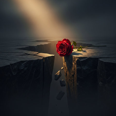 Red rose on the edge of a broken bridge. Conceptual image.の素材