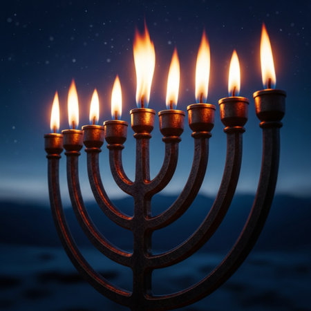 Image of jewish holiday Hanukkah background with menorah (traditional candelabra) and burning candlesの素材