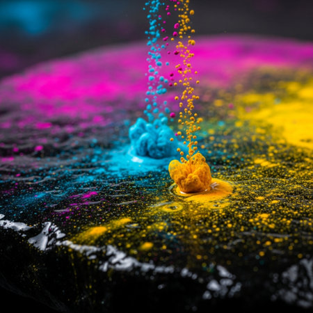 Colorful splashes of paint on a black background. Close upの素材