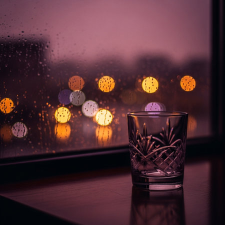 A glass of water on the windowsill against the background of the night cityの素材