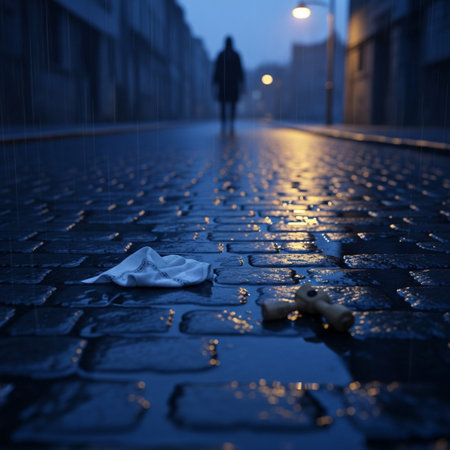 Wet city street at night. Shallow depth of field.の素材