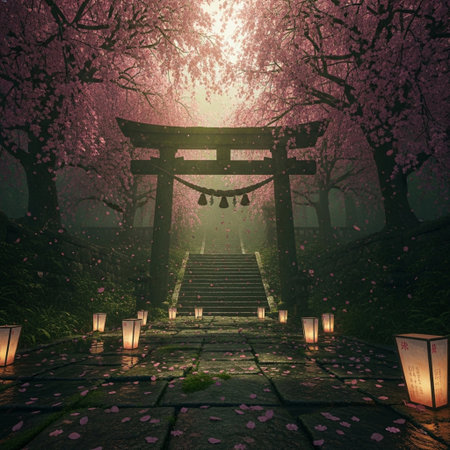 Cherry blossom in the park with lanterns and stairs.の素材