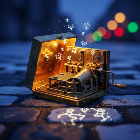 Magic gold coin box on the background of the night city. Christmas conceptの素材