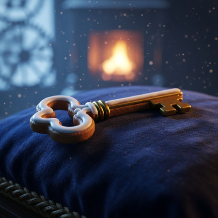 Key on the bed in front of the fireplace. 3D renderingの素材