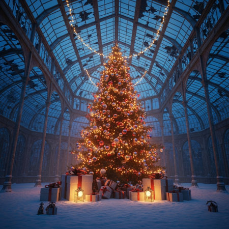 Christmas tree with gifts in the interior of a large glasshouse.の素材