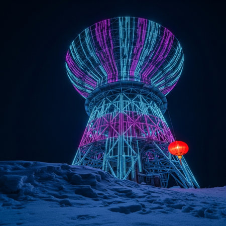 3d rendering of a water tower in the snow at night.の素材