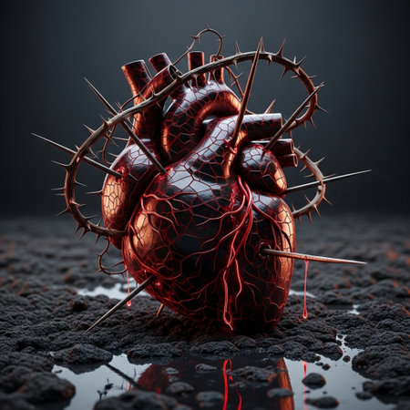 Human heart with crown of thorns on black background. 3d illustrationの素材