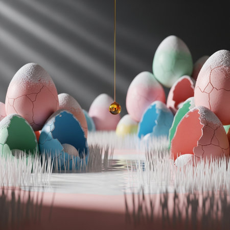 Colorful easter eggs on a light background. 3d renderingの素材