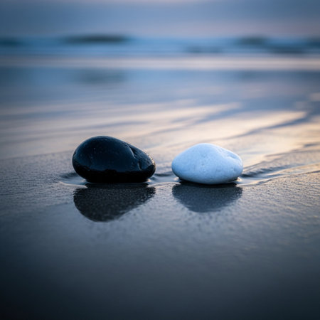 zen stones on the beach at sunset, soft focus, shallow DOFの素材