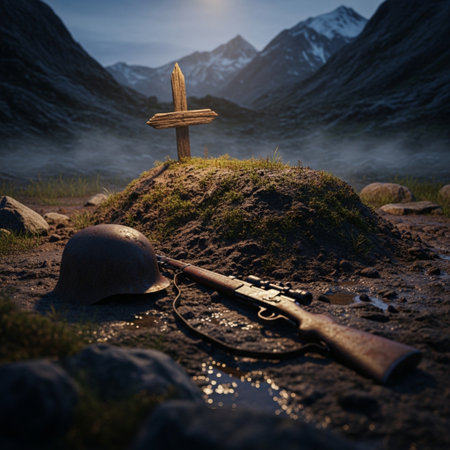 Wooden cross with hunting rifle and helmet on mountain background. 3D renderingの素材