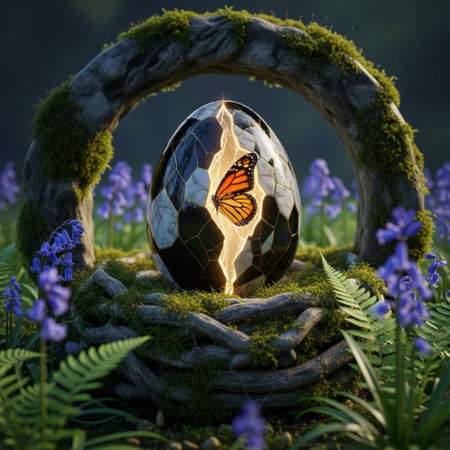 Easter egg with a butterfly in the grass and bluebellsの素材