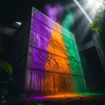 3d illustration of a brick wall with a colorful light beam.の素材