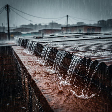 Rainy day in the city. Water drops on the roof.の素材