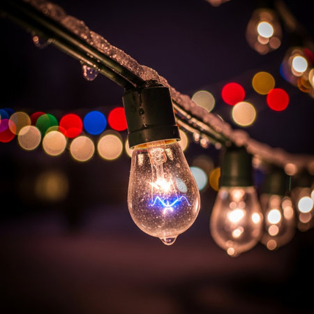 Vintage light bulb on the background of the night city with bokehの素材
