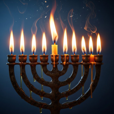 Religion image of jewish holiday Hanukkah background with menorah (traditional candelabra) and candlesの素材
