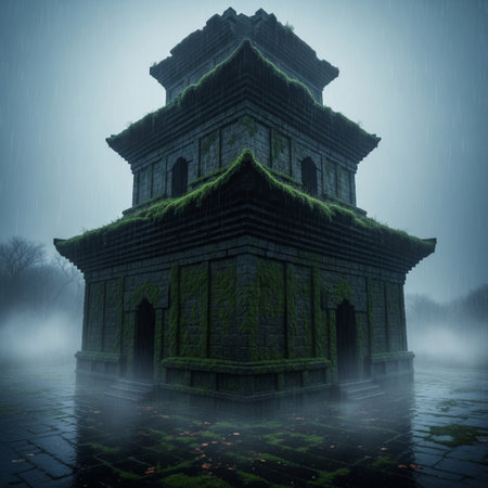 3D render of an ancient Chinese temple in a foggy forestの素材