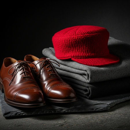 Fashionable men's clothing and accessories on a dark background.の素材