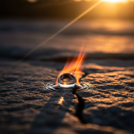 Water drop on the ground with sunset background. Water drop on the groundの素材