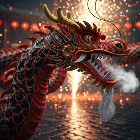 Chinese dragon statue with fire in the background, 3d rendering.の素材