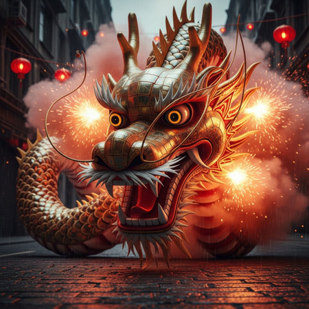 Chinese dragon with firework in the background. 3D illustration.の素材