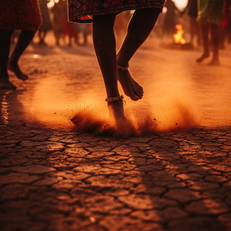 Silhouette of a woman walking on the ground at sunset.の素材