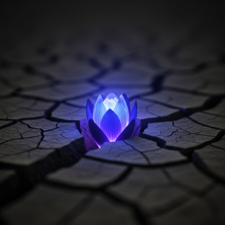 Blue lotus flower on cracked earth background. 3D rendering.の素材