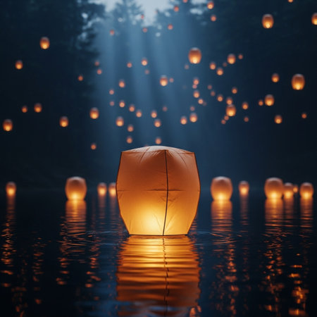 Lanterns floating in the night sky,3d renderingの素材