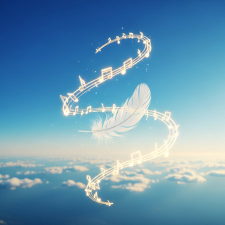 White feathers on the background of blue sky with white clouds and music notesの素材