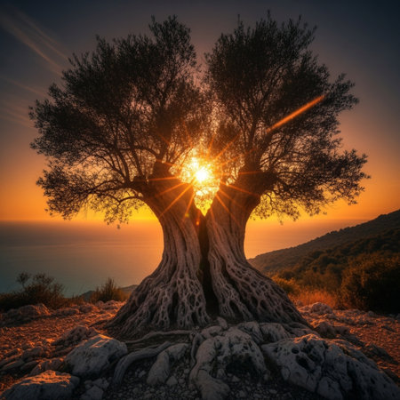 Old olive tree at sunset on the island of Rhodes, Greece.の素材