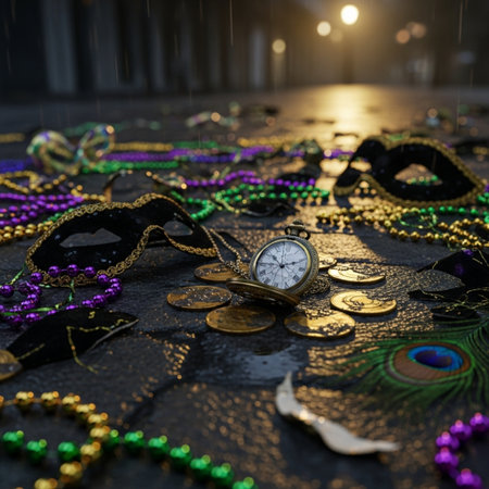 Vintage pocket watch on the background of the night city and beads.の素材