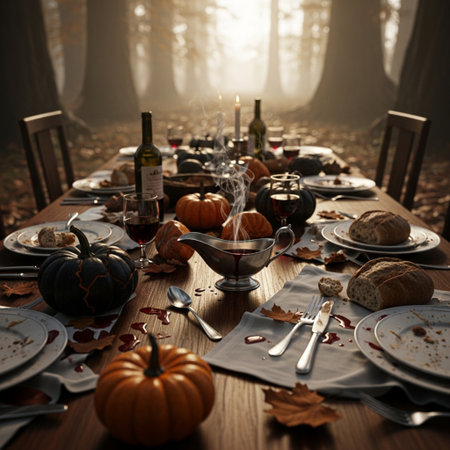 Autumn table setting with pumpkins and wine in the forest.の素材