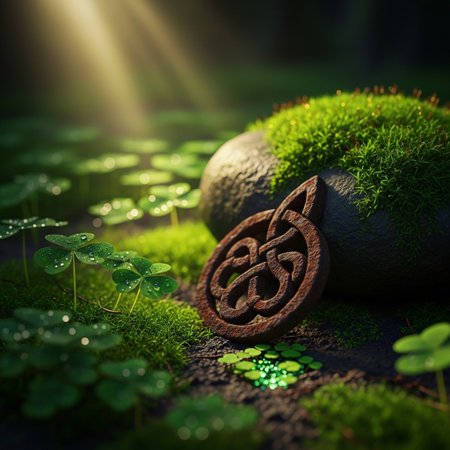 St. Patrick's Day background with clover, celtic cross and mossの素材