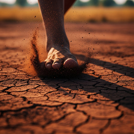 Conceptual image of womans feet on cracked earth background.の素材